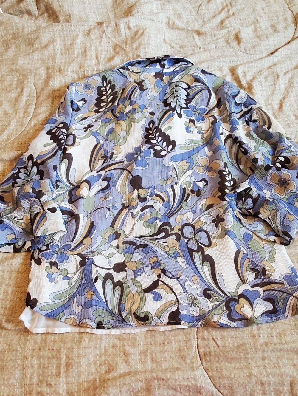 Alfred Dunner Womens Sheer Blouse Vintage Blue & Tan Floral Paisley Sz 14 - Picture 9 of 9